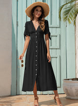 V-neck High Waist Button Dress