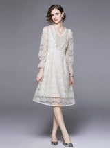 V-neck Bubble Sleeve Heavy Beaded Flower Long Dress