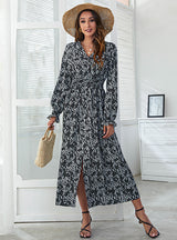 V-neck High Waist Print Split Dress