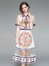 Stitching Mesh Lapel Short Sleeve Printed Fake Two-piece Dress