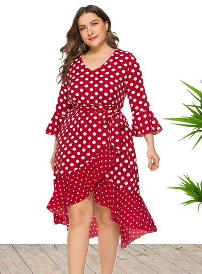 V-neck Ruffled Polka Dot Dress