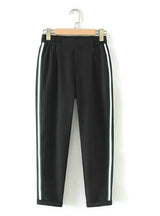 Elegant Side Stripe Black Pants Elastic Waist Ladies