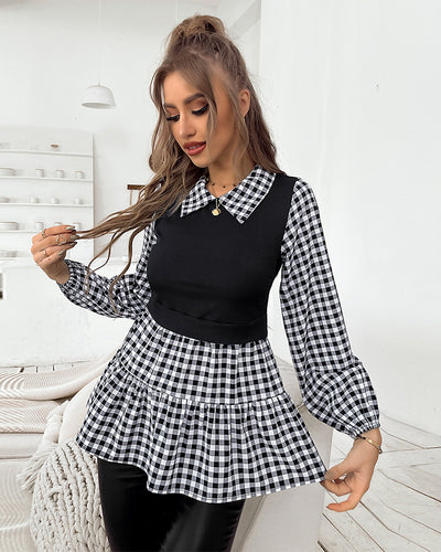 Fake Two-piece Plaid Collar Shirt