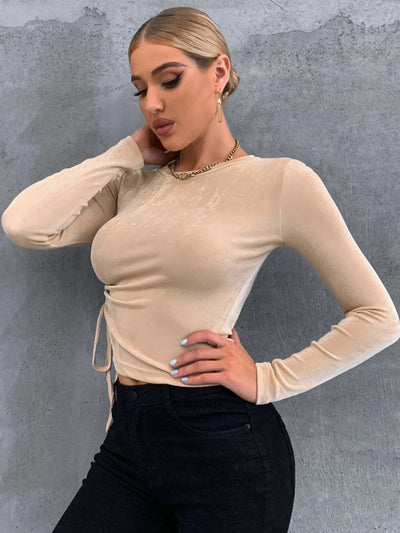 Pleated Slim Crewneck Long Sleeve T-shirt