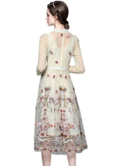 Long-sleeved Gauze Embroidered Dress