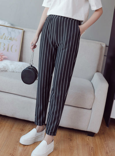 Fashion Elastic Waist Casual Stripes Peneil Pants 