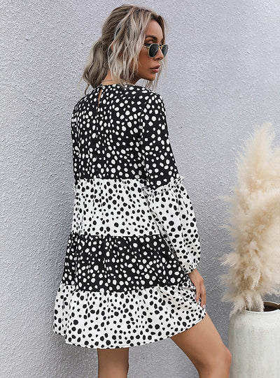 Dot Scoop Printed Long Sleeve Dress