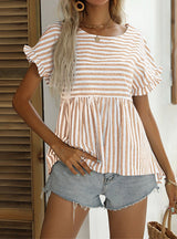 Loose Lotus Leaf Short Sleeve Striped Shirt