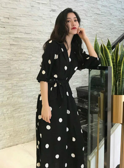 V-neck Ladies Long Dress Casual Half Sleeve Dot Dress