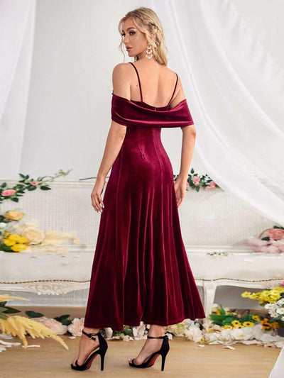 Split Velvet Off the Shoulder Straps Dress