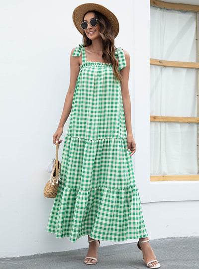 Plaid Lace-up Print Long Dress