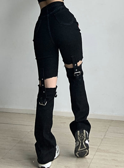 Flame Print Stitching Metal Buckle High Waist Jeans