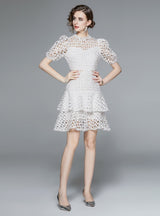 Hollow White Short-sleeved Lace Cake Dress