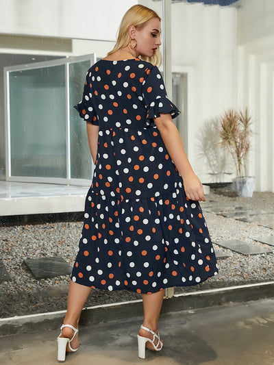 Round Neck Sleeve Polka Dot Print Big Swing Dress