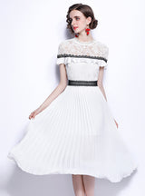 White Lace Waist Slim Pleats Dress