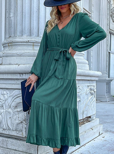 Long Sleeve V-neck Pleated Green Dress