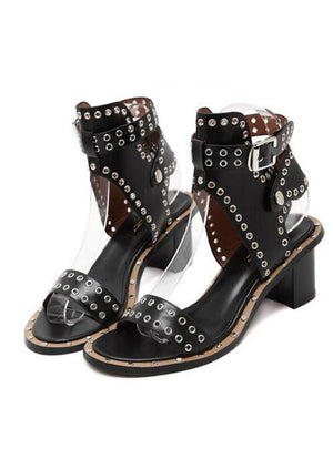 Ankle Strap Rome Medium Heel Shoes Rivets Square Sandals