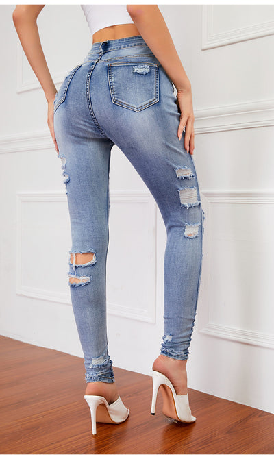 Holes Slim Body Elastic Pencil Pants Jean