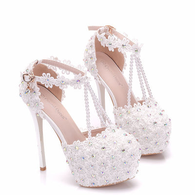 White Lace Beaded Bridal Shoes