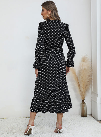 Long-sleeved Pleated Polka-dot Dress