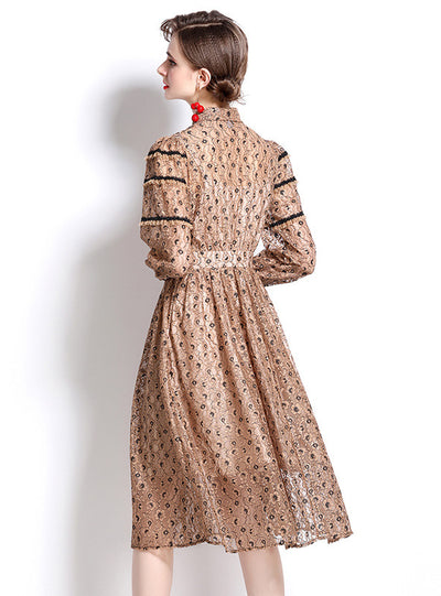 Retro Long Sleeve Pleated Lace Dress