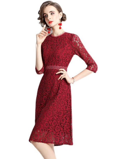 Red 3/4 Sleeve Lace Slim Dress