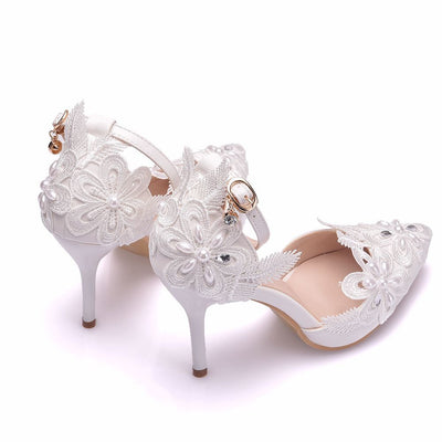 White Lace Rhinestone Pearls Wedding Shoes