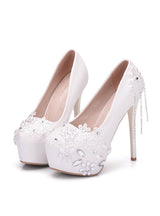 White Lace Rhinestone Pearl Wedding Shoes