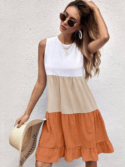 Loose Casual Stitching Contrast Ruffled Dress