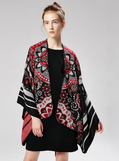 Women Ethnic Flowers Shawl Large Cloak