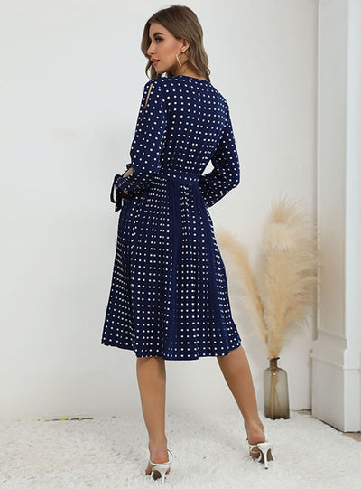 V-neck Pleated Polka Dot Mid-length Dress