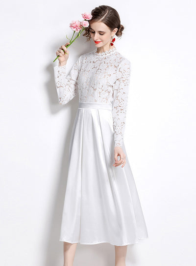 Long SLeeve Lace Stitching Satin Dress