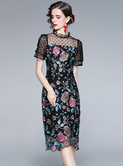 Heavy Embroidery Mesh Stitching Slim Dress