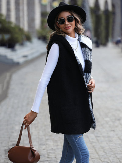 Hooded Sleeveless Plaid Fleece Loose Coat