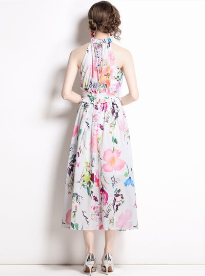 Collar Sleeveless Halter Print Dress