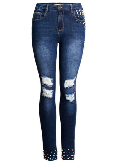 Pearls Elastic Ripped Straight Jeans