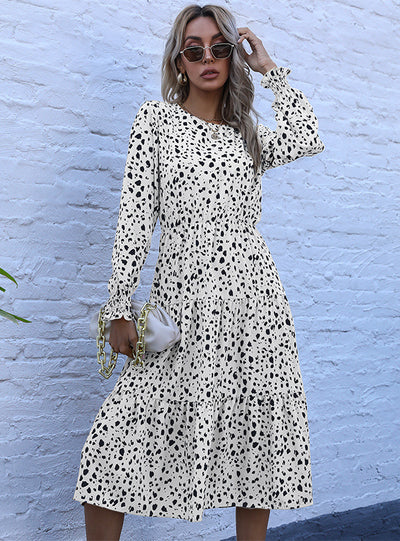 Leopard Print Elastic Waist Round Neck Long Sleeve Dress