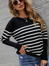 Button-threaded Cuff Striped Sweater