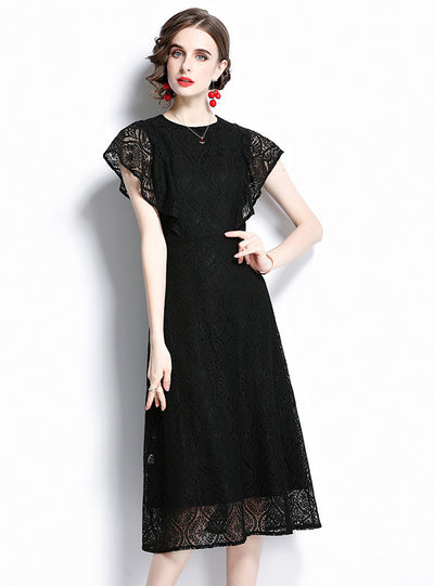 Round Neck Flounce Openwork Lace Dress