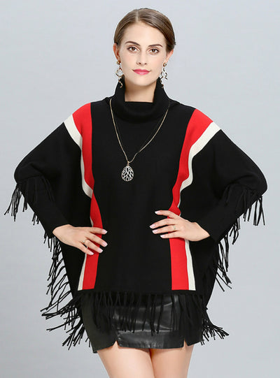 Vertical Stripes Loose Fringed Turtleneck Sweater Coak