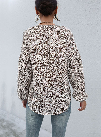 Long Sleeve V-neck Pullover Leopard Print Shirt