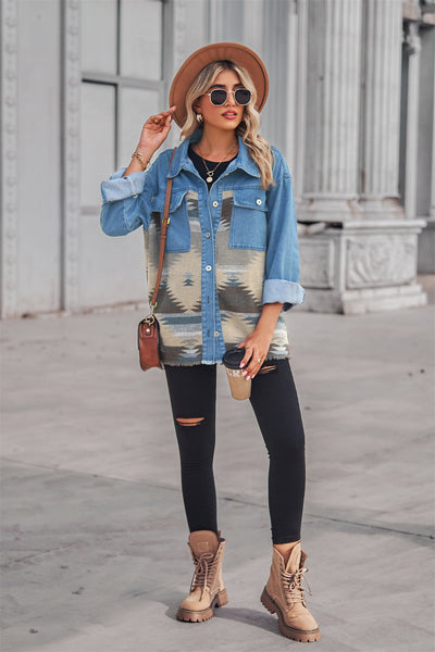 Loose Geometric Pattern Denim Splicing Jacket