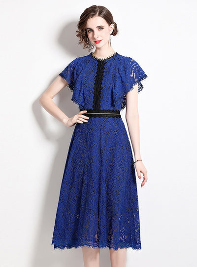 Flying-sleeve Lace Hollow Slim Dress