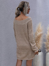 Long Sleeve V-neck Knitted Sweater Dress