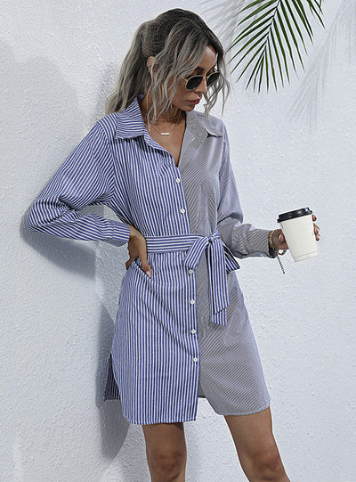 Bow Tie Long Sleeve Striped Shirt Dress