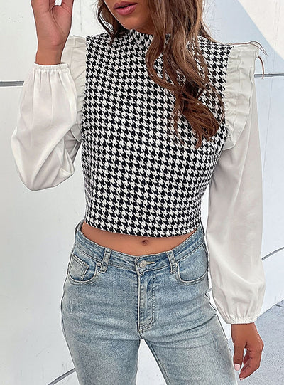 Retro Houndstooth Long Sleeve Ruffled Stitching Shirt