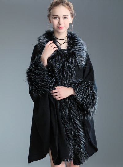 Imitation Raccoon Fur Collar Shawl Cloak