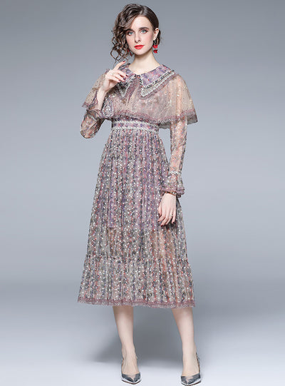 Yarn Floral Pleats Long Sleeve Dress