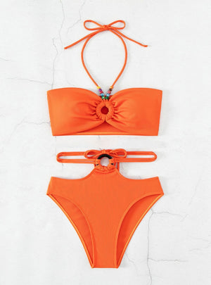 Halter Solid Color Metal Ring High Waist Split Swimsuit