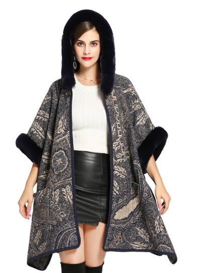 Woman Loose Hooded Knitted Cardigan Shawl Cape 